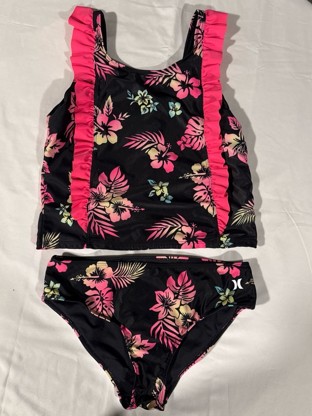 Hurley Black Tankini Set with Pink Floral Print and Ruffle Trim